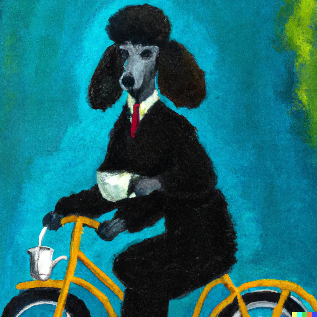 Prompt: a van gogh style painting of a black poodle wearing a suit while riding a bicycle and drinking a cup of coffee