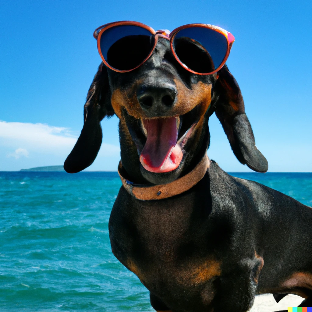 Prompt: a black and tan mini dachshund wearing sunglasses smiling by the turquoise sea