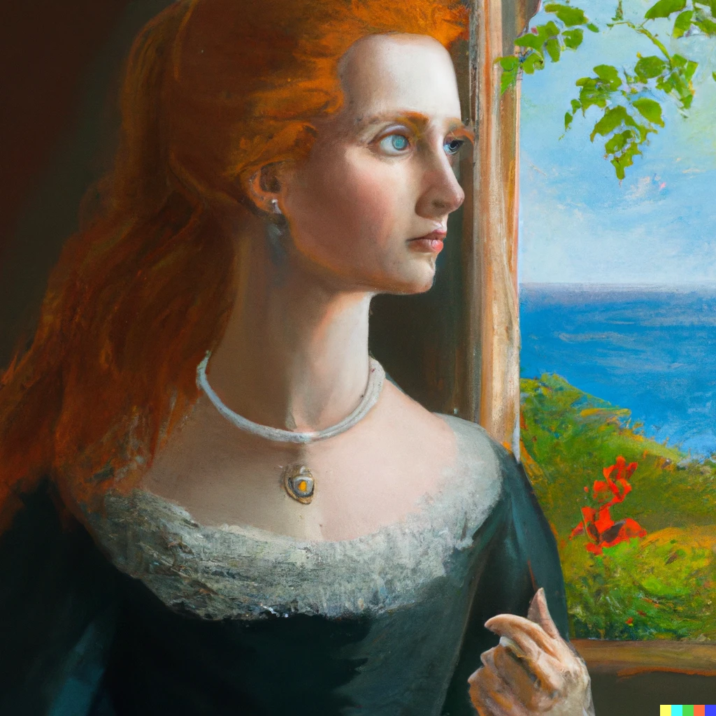 Prompt: Intriguing oil painting in the Rembrandt style of a mysterious, intelligent redhead with blue-green eyes wearing an elegant dress and precious jewelry gazing out a window with a view of a lush, resplendent garden and a turbulent ocean in the background.