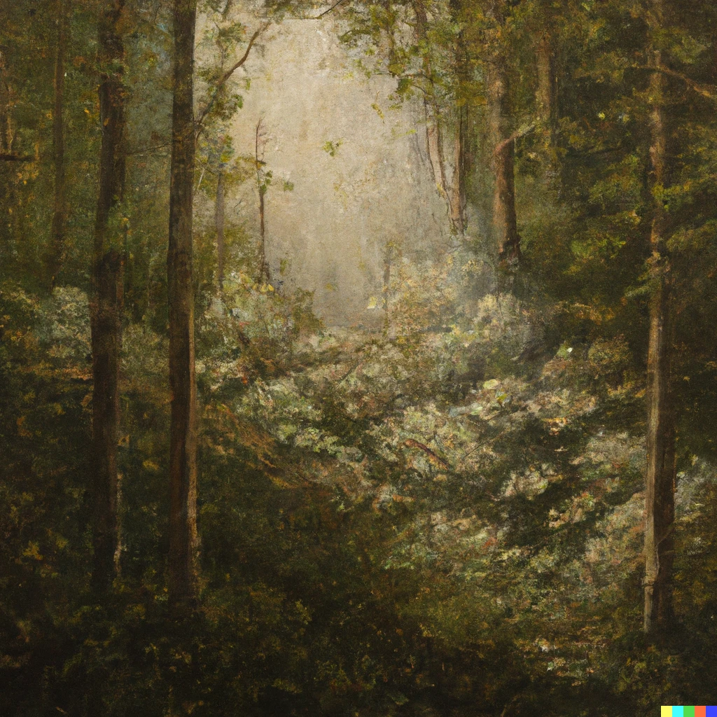Prompt: An oil painting by Jean-Honoré Fragoard of a forest with a beam of light comming from the sky