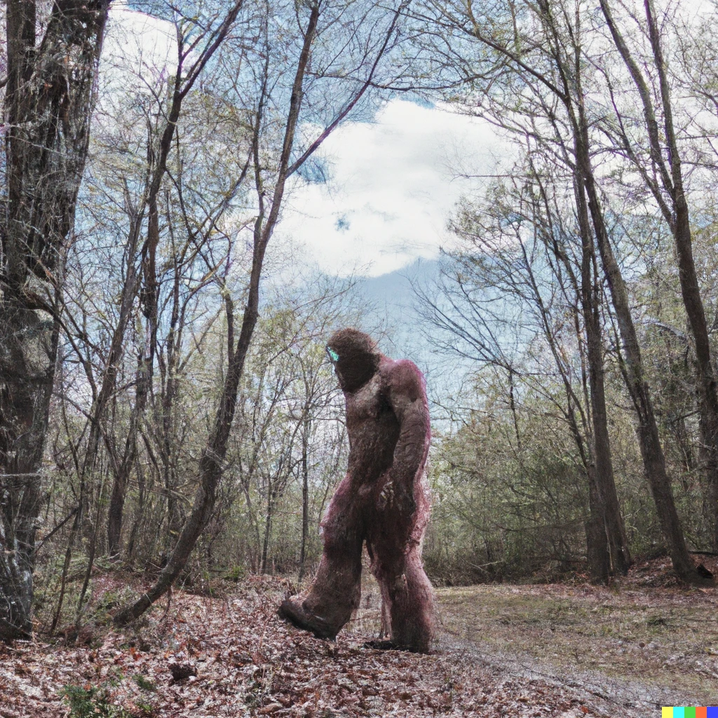Prompt: An unobstructed photo of bigfoot walking in a forest.