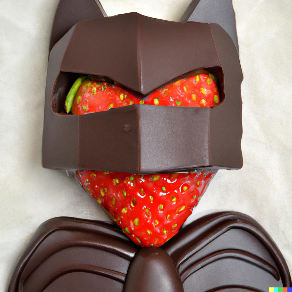 Prompt: batman made out of chocolate and strawberries