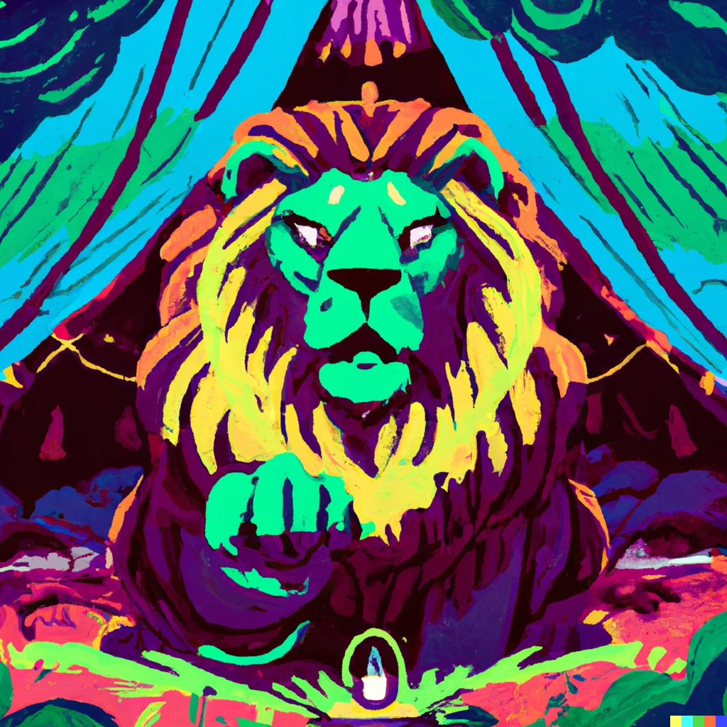 Prompt: The king of beasts invoking the power of nature in a tent, in Ghibli style, electric colors.