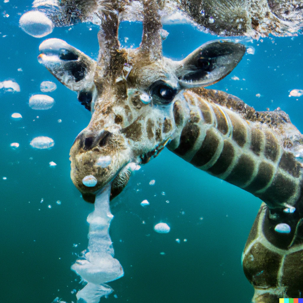 Prompt: Giraffe under water blowing bubbles in arctic water
