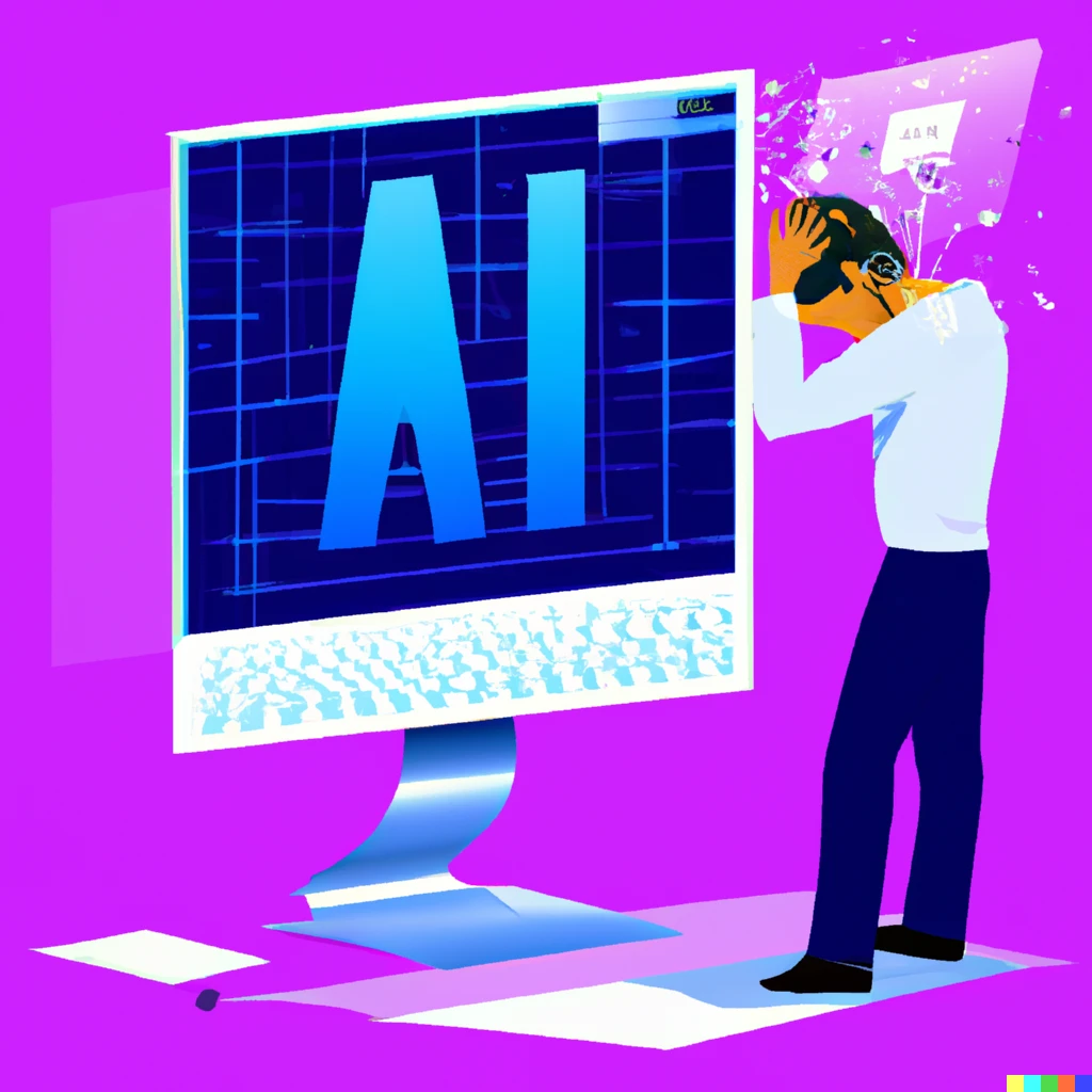 Prompt: A programmer losing his job to AI, digital art illustration 