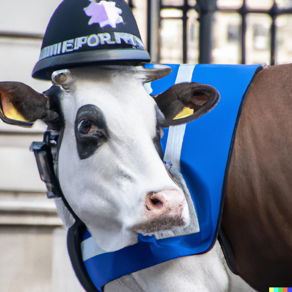 Prompt: Photo of A cow dressed in a British police uniform on patrol in London, realistic  