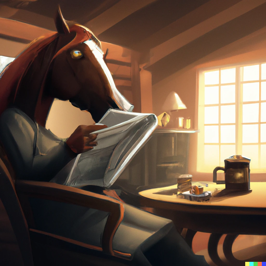 Prompt: A horse reading a newspaper while drinking a cup of coffee, digital art
