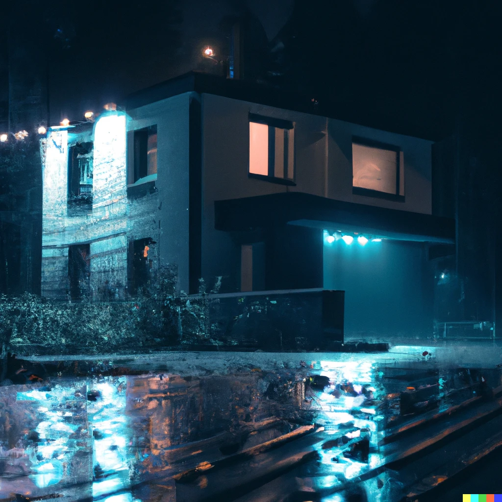 Prompt: Cyberpunk style modern house at night while raining with street lamps lighting up the wet ground