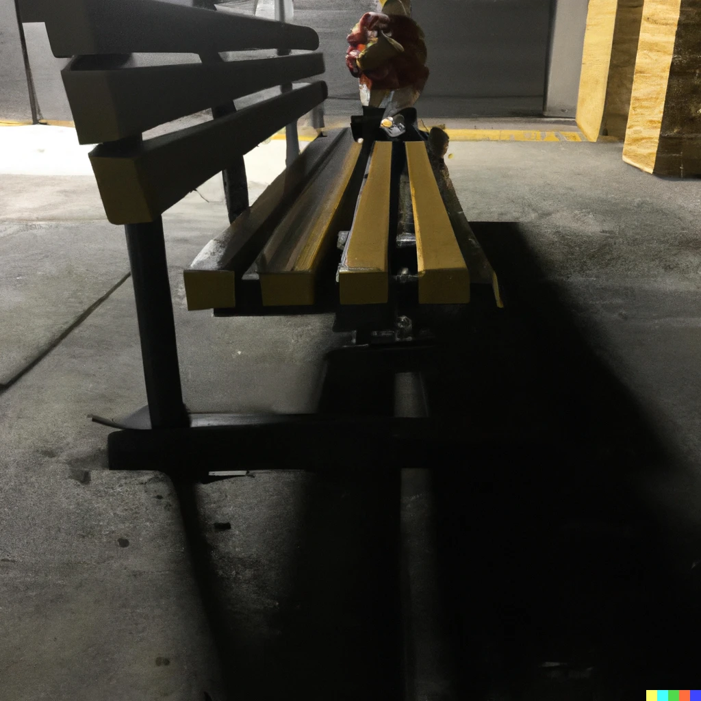 Prompt: Photograph on r/liminalspaces - *image of a bench with Ronald statue outside of a Walmart McDonald’s after hours* The Past is now just a memory...