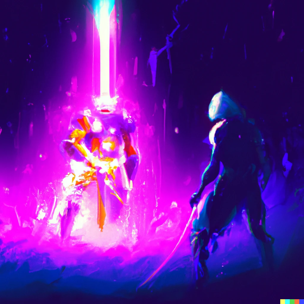 Prompt: Cyberpunk swordsman confronting an alien monster, digital art. Purple concept