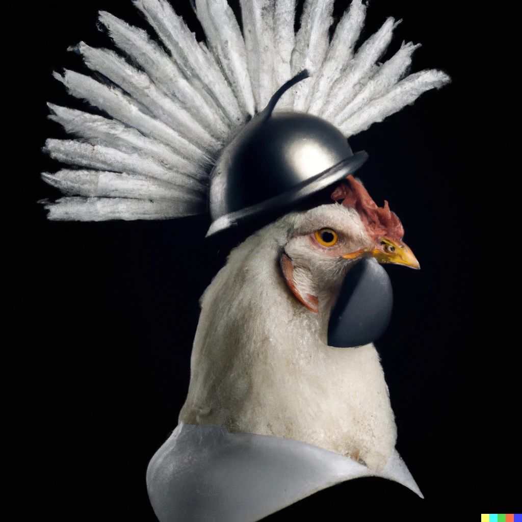 Prompt: chiken wearing plate armour