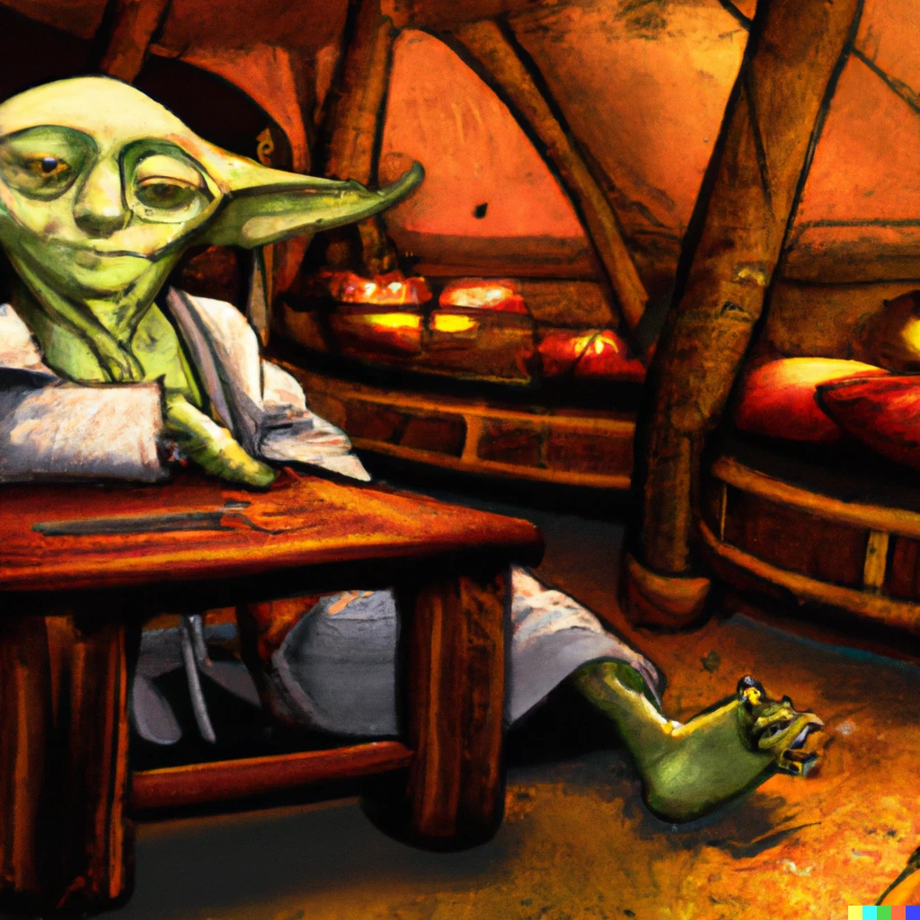 Prompt: Yoda in his prime relaxing at a Star Wars cantina