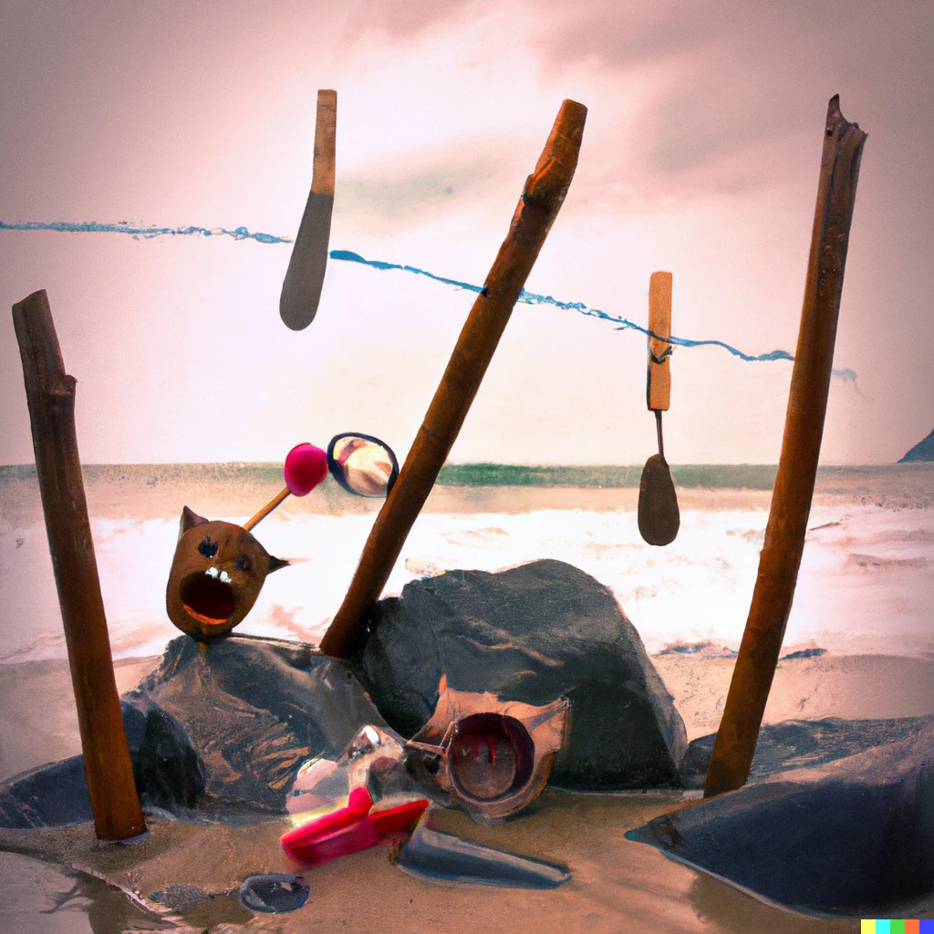 Prompt: Collage art ,which using odds and ends, toys.It is placed on the beach.It looks spooky, but calm down somewhere...