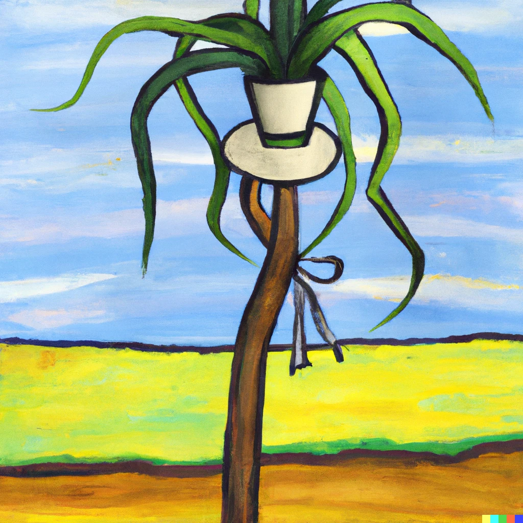 Prompt: Dadaist painting of a dracaena tree with a floppy brim straw hat on