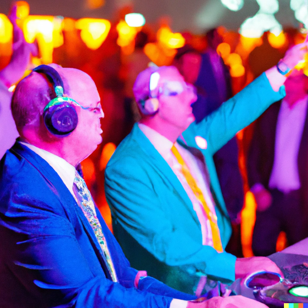 Prompt: middle-aged white men in business suits DJing at EDM rave, from perspective of crowd, 100mm