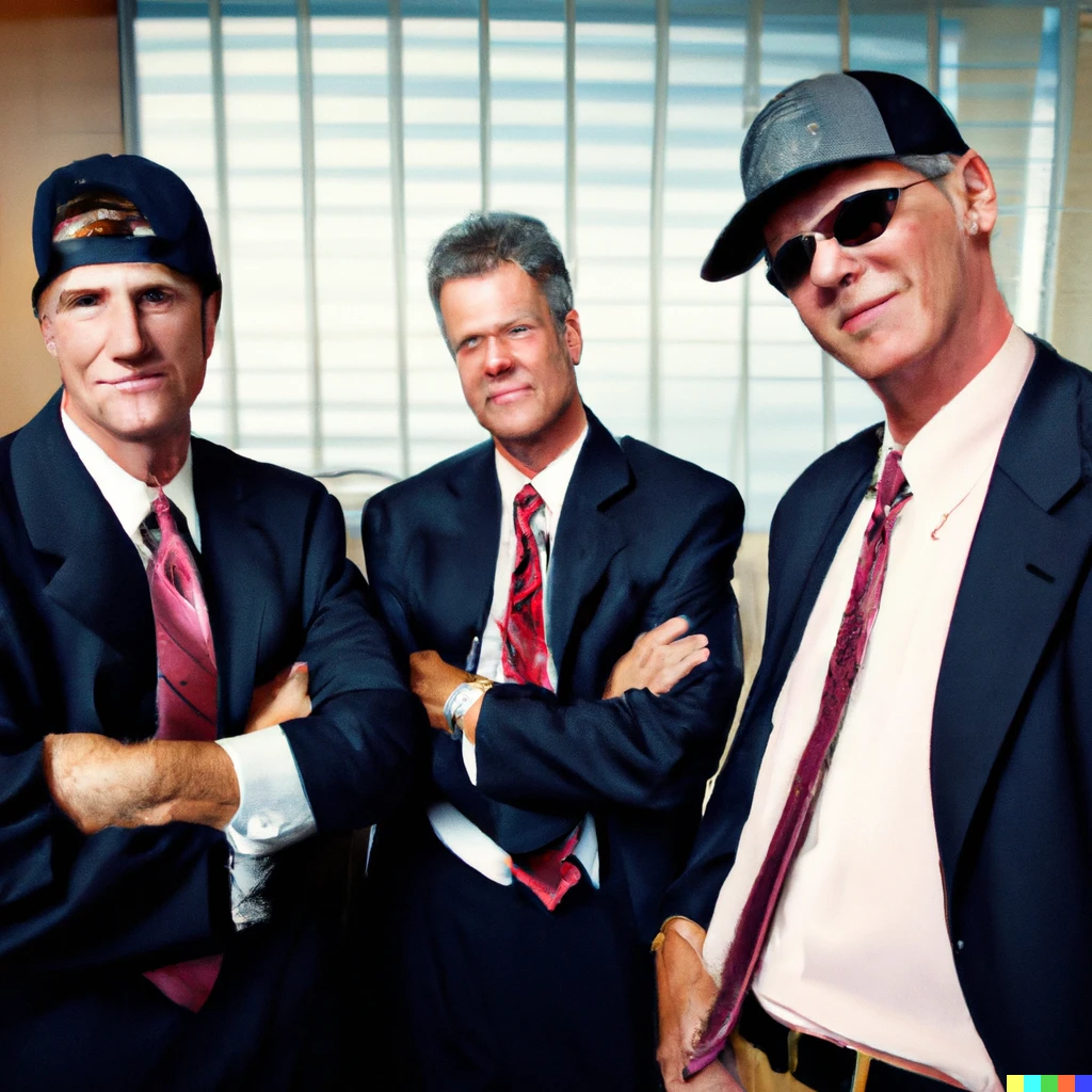 Prompt: smiling middle-aged white men in business suits in office, 1990s hardcore rap album cover