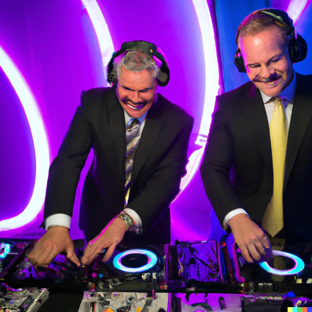 Prompt: middle-aged white men in business suits DJing at rave