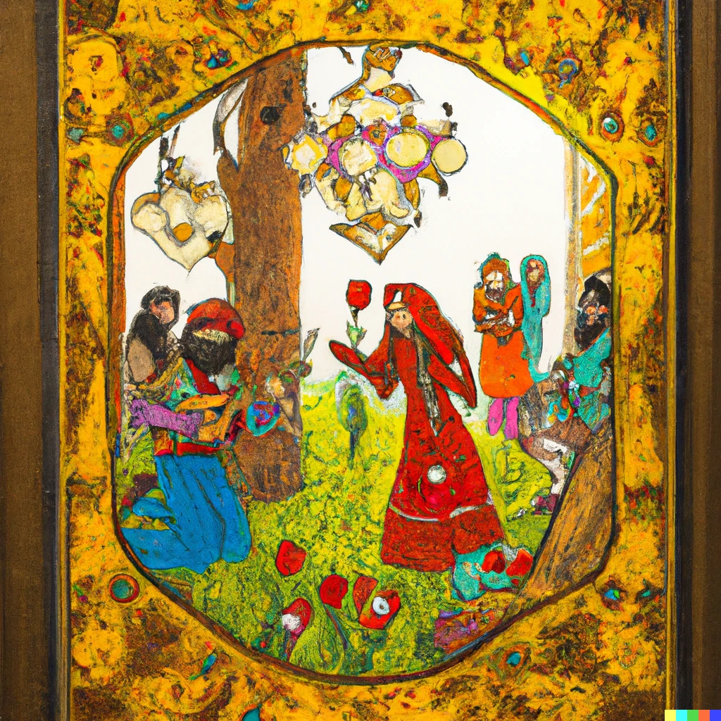 Prompt: Persian miniature painting of hippies in woodstock festival, holding tulips, framed by golden illuminations