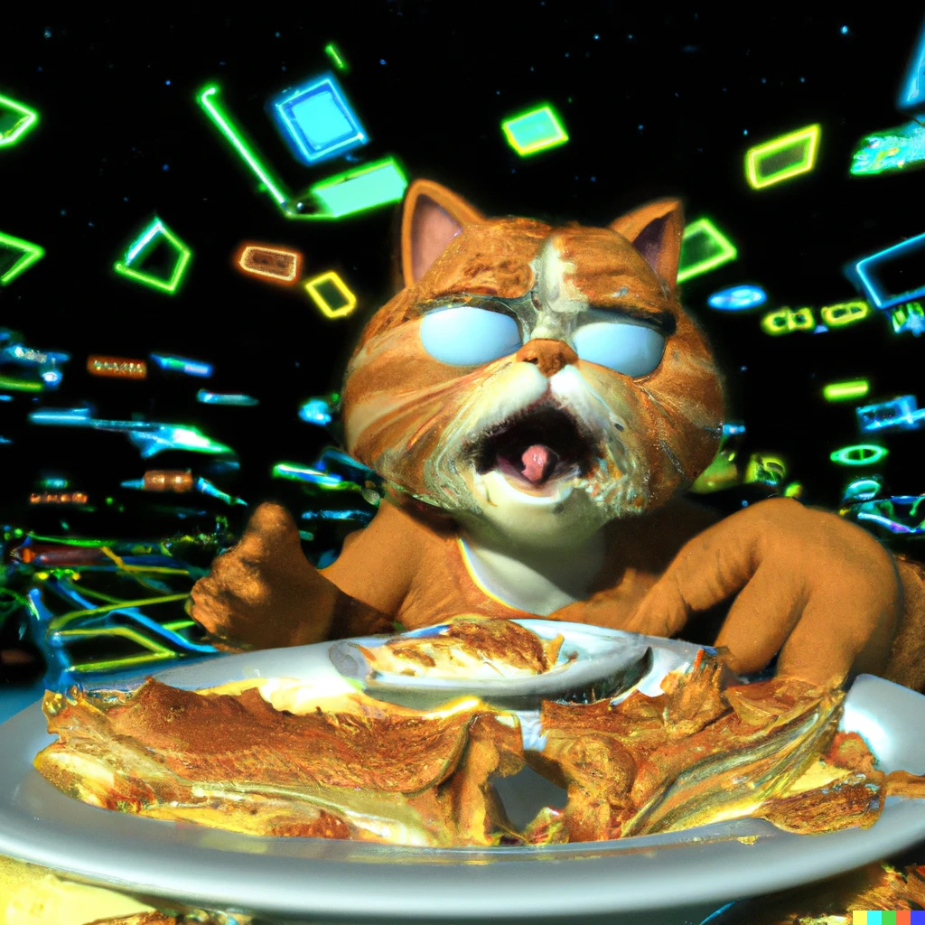 Prompt: 3d render of Garfield eating lasagna in the multiverse