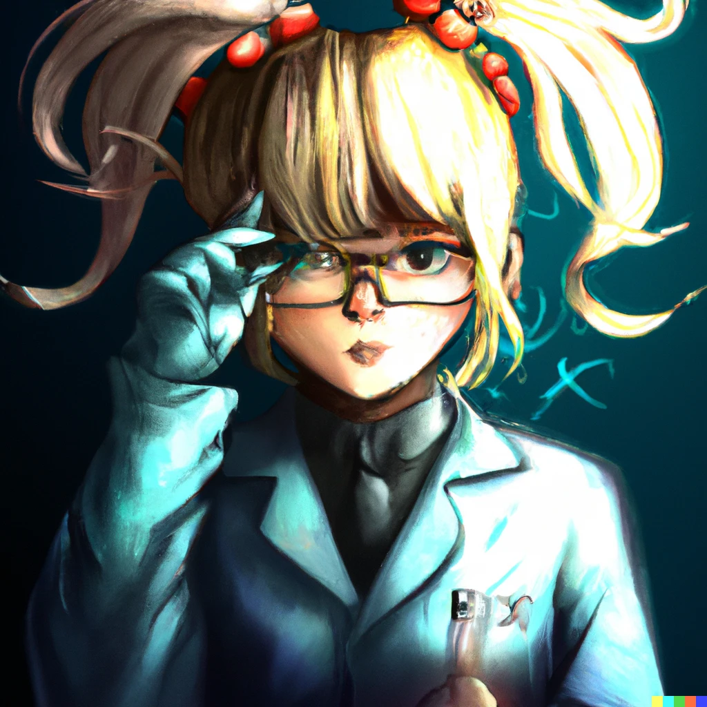 Prompt: anime girl as a mad scientist, digital art