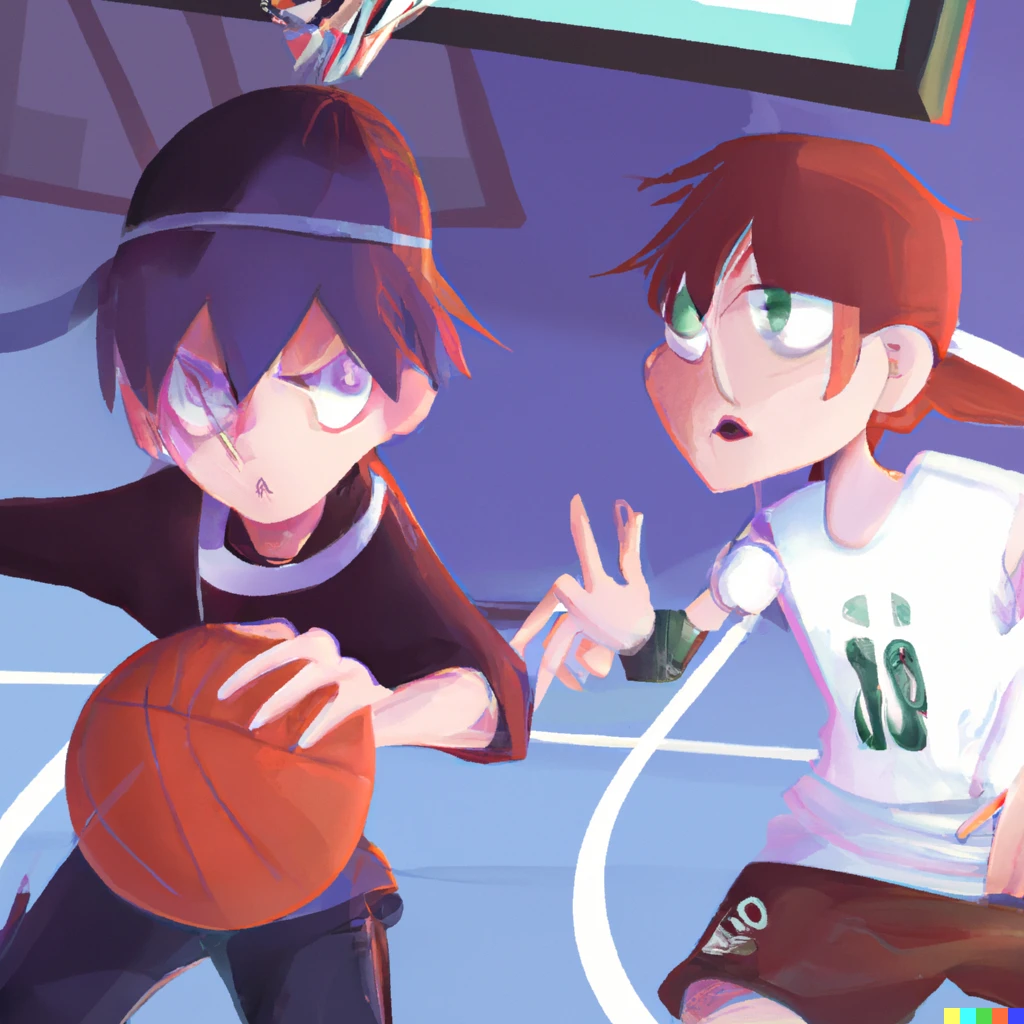 Prompt: Niko from Oneshot and kel from omori playing basketball, digital art