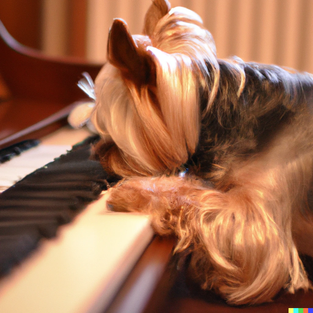 Prompt: a yorkshire terrier playing a piano