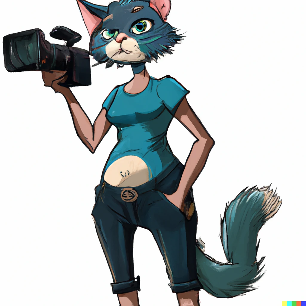 Prompt: A female anthropomorphic cat wearing a blue t-shirt, black cargo pants, and is holding a camcorder in it’s right hand. Digital art