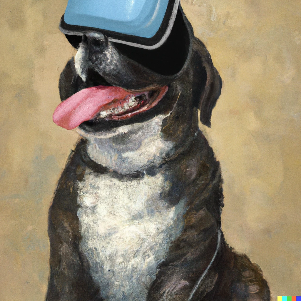 Prompt: 1764 oil painting of a happy dog wearing a VR headset