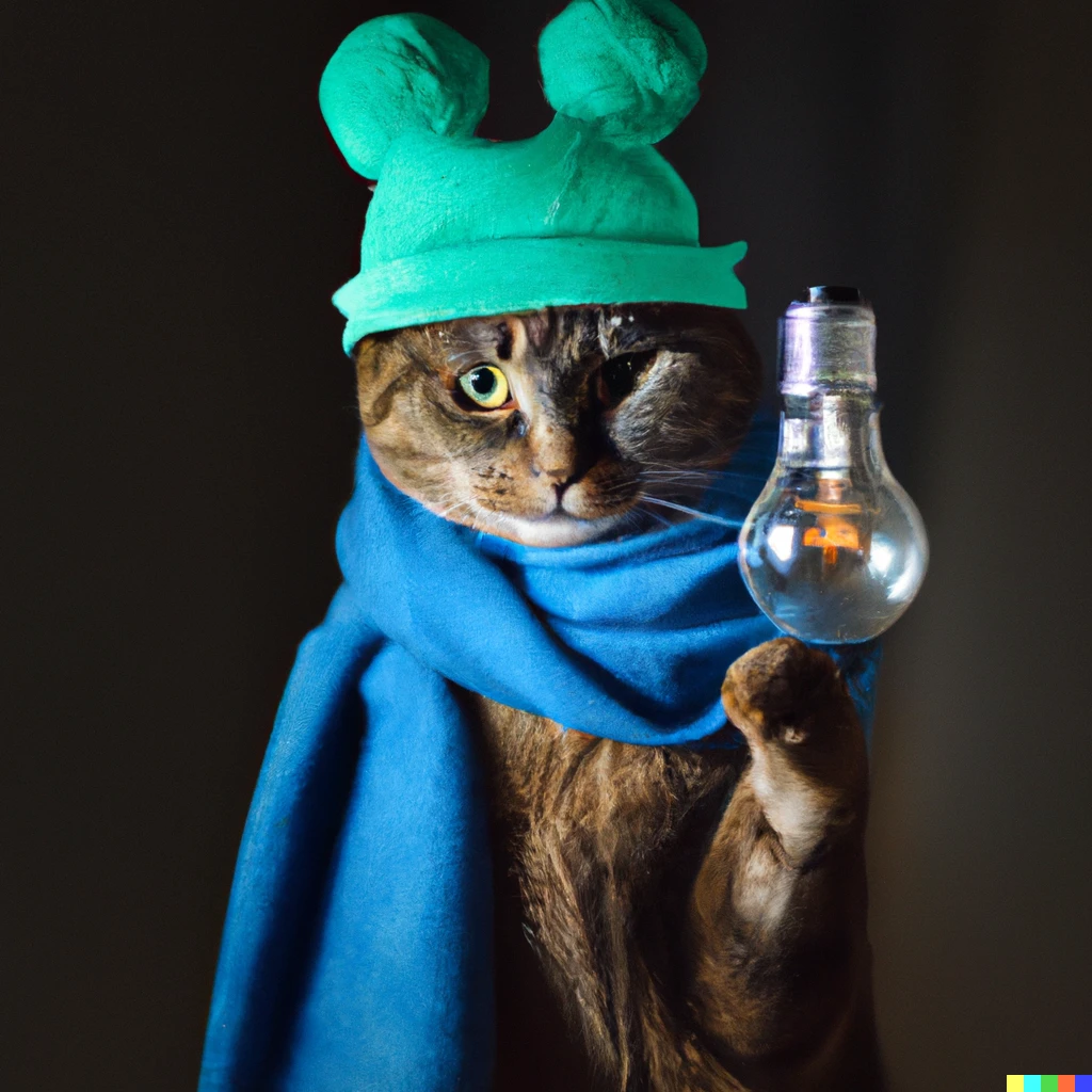 Prompt: a photo of a cat with blue scarf and brown cat shaped hat holding a lightbulb