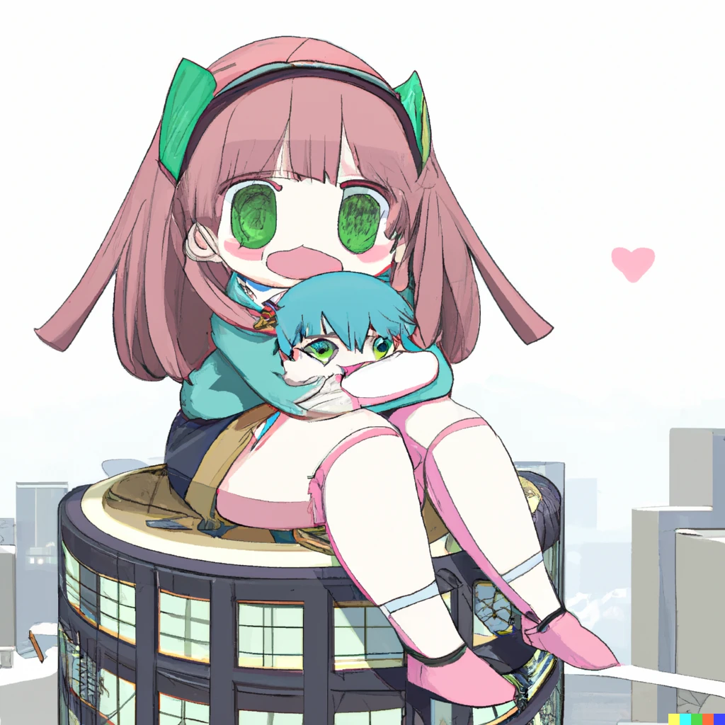 Prompt: giant cute anime girl hugging sitting on a building