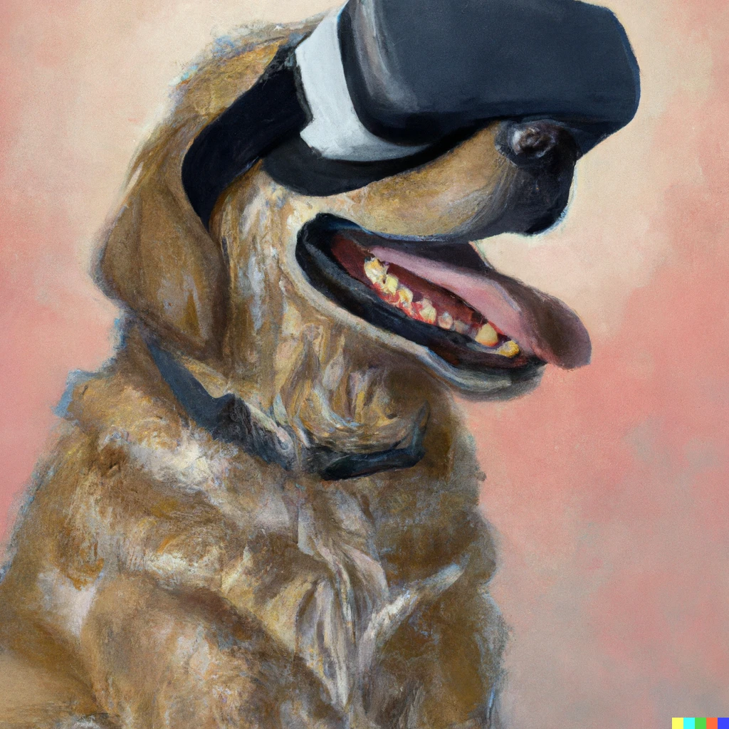 Prompt: 1764 oil painting of a happy dog wearing a VR headset