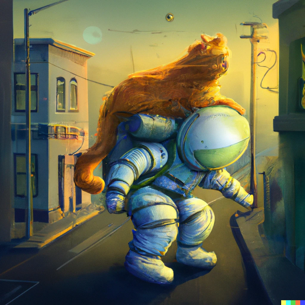 Prompt: an astronaut riding a massive ginger cat through the city in a photorealistic style