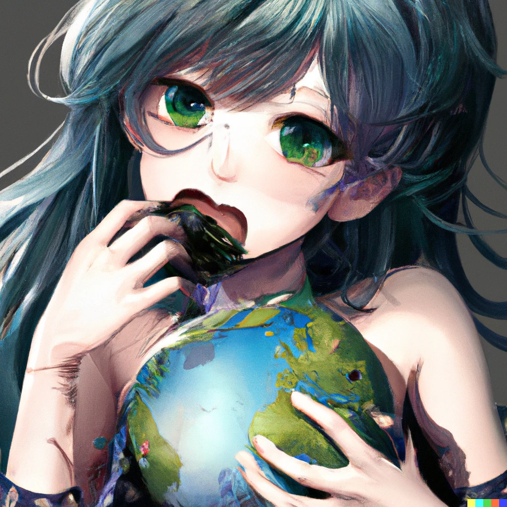 Prompt: cute giant anime girl eating earth, digital art