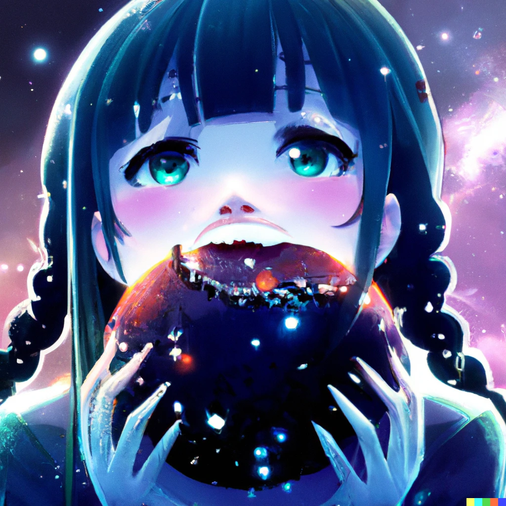 Prompt: a cute giant anime girl eating the universe, digital art