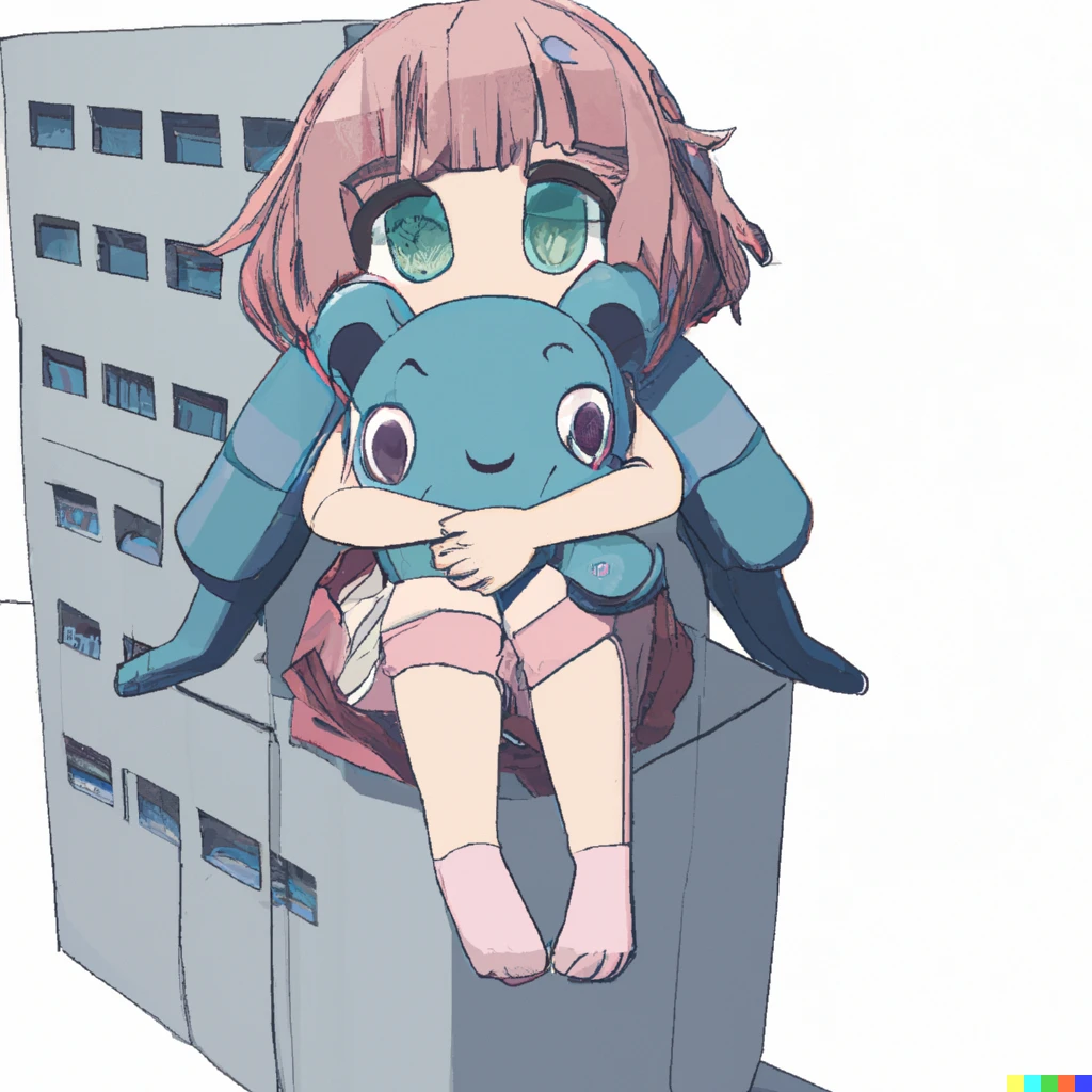 Prompt: giant cute anime girl hugging sitting on a building