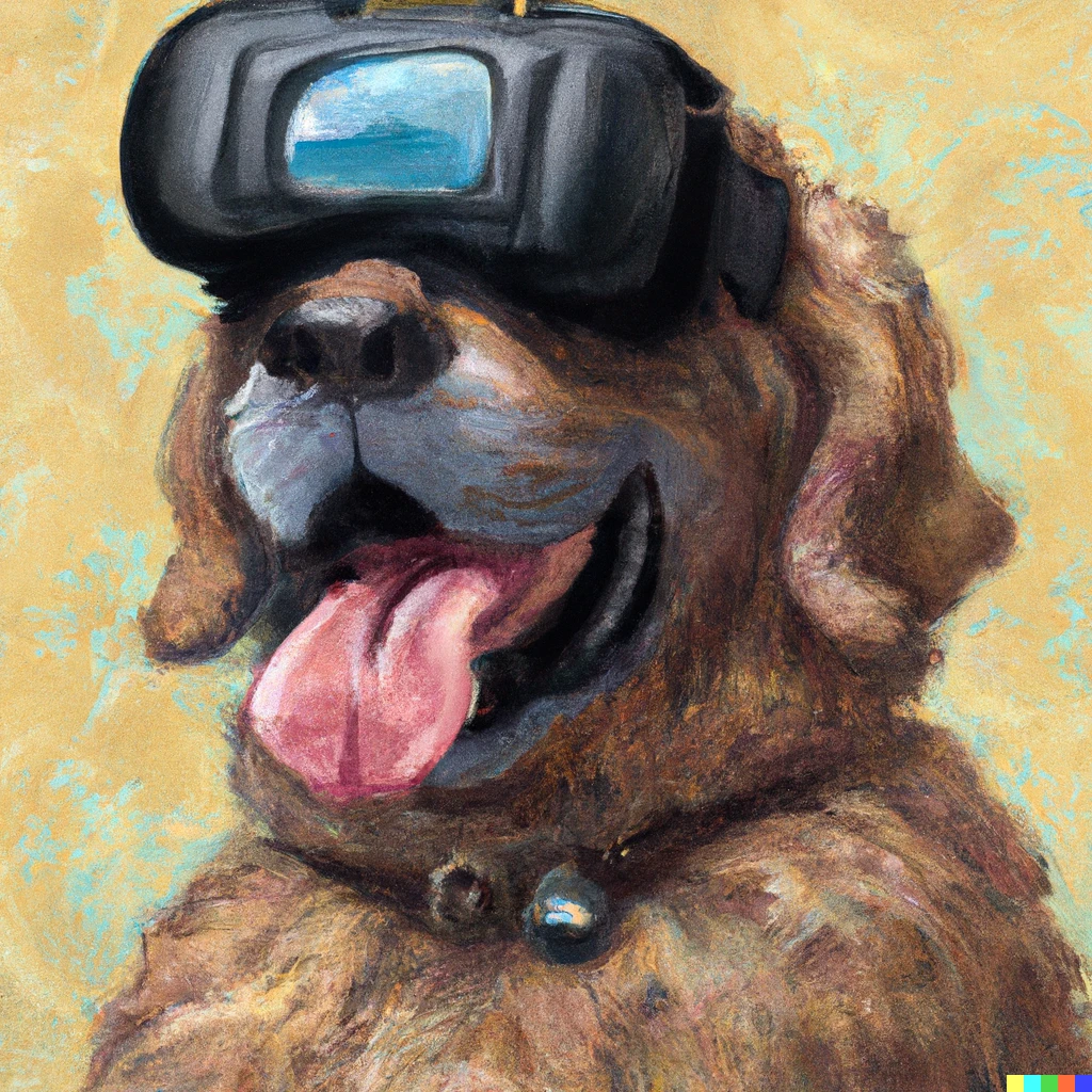 Prompt: 1764 oil painting of a happy dog wearing a VR headset