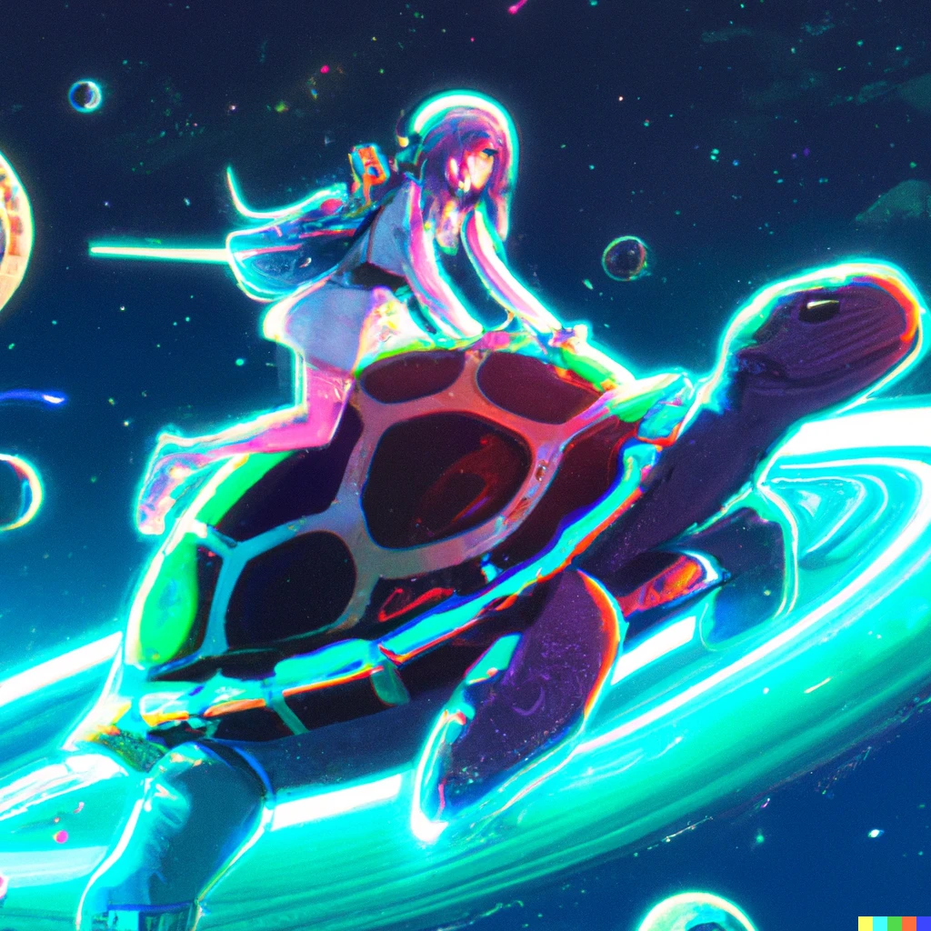 Prompt: anime girl riding turtle in space, digital art trending on artstation