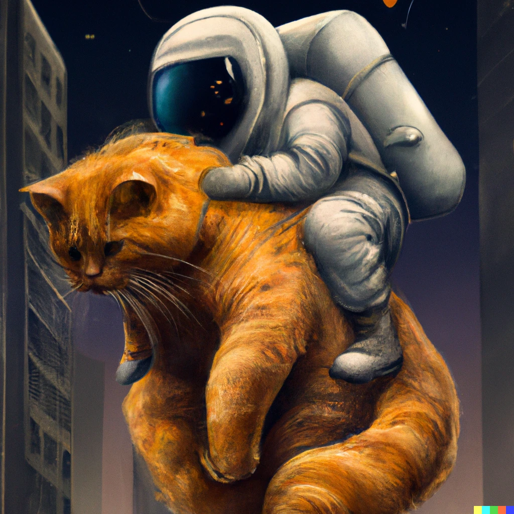 Prompt: an astronaut riding a massive ginger cat through the city in a photorealistic style