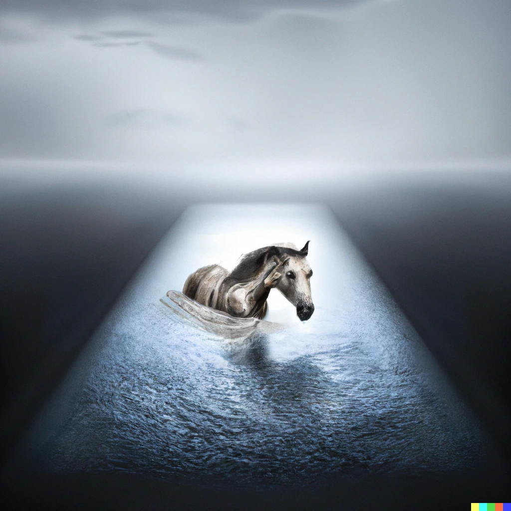 Prompt: horse in a liminal space that is flooded with water, photorealistc style
