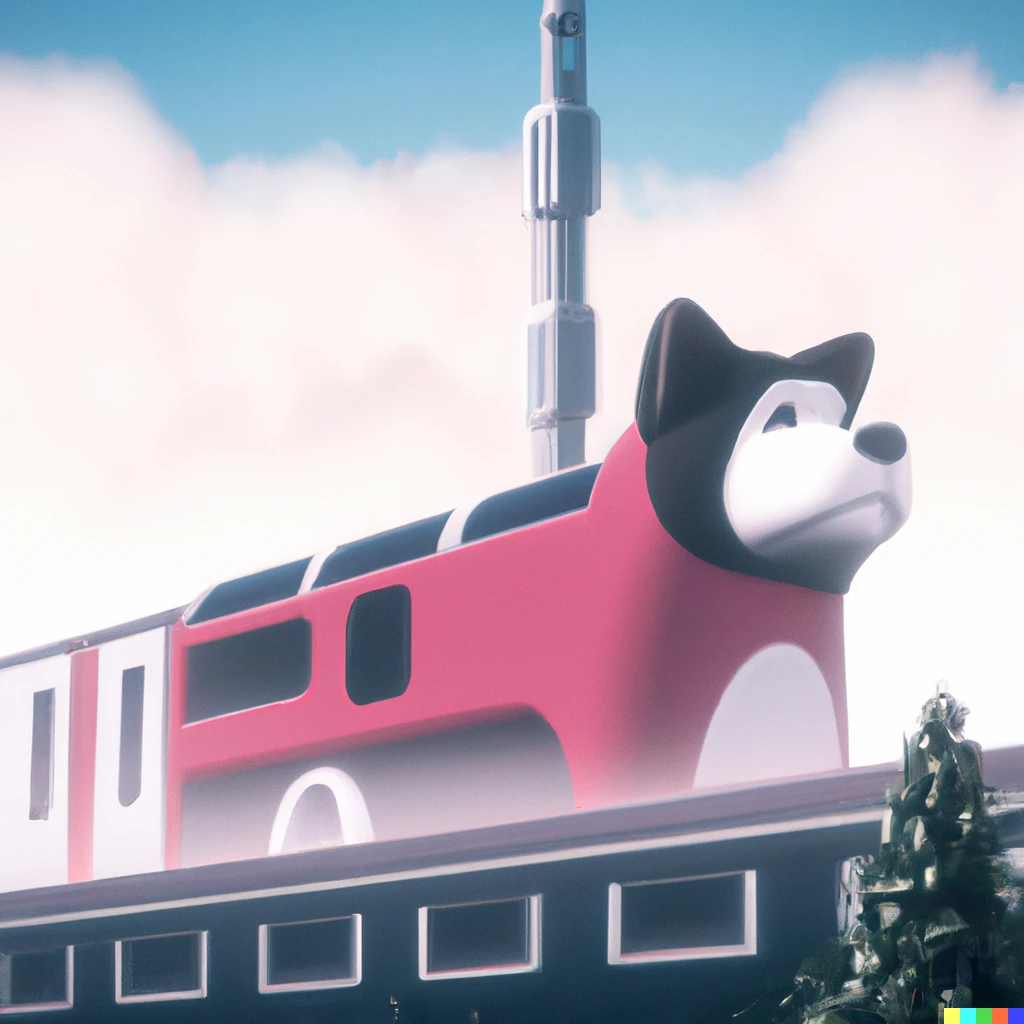 Prompt: a train in the shape of dog, digital art