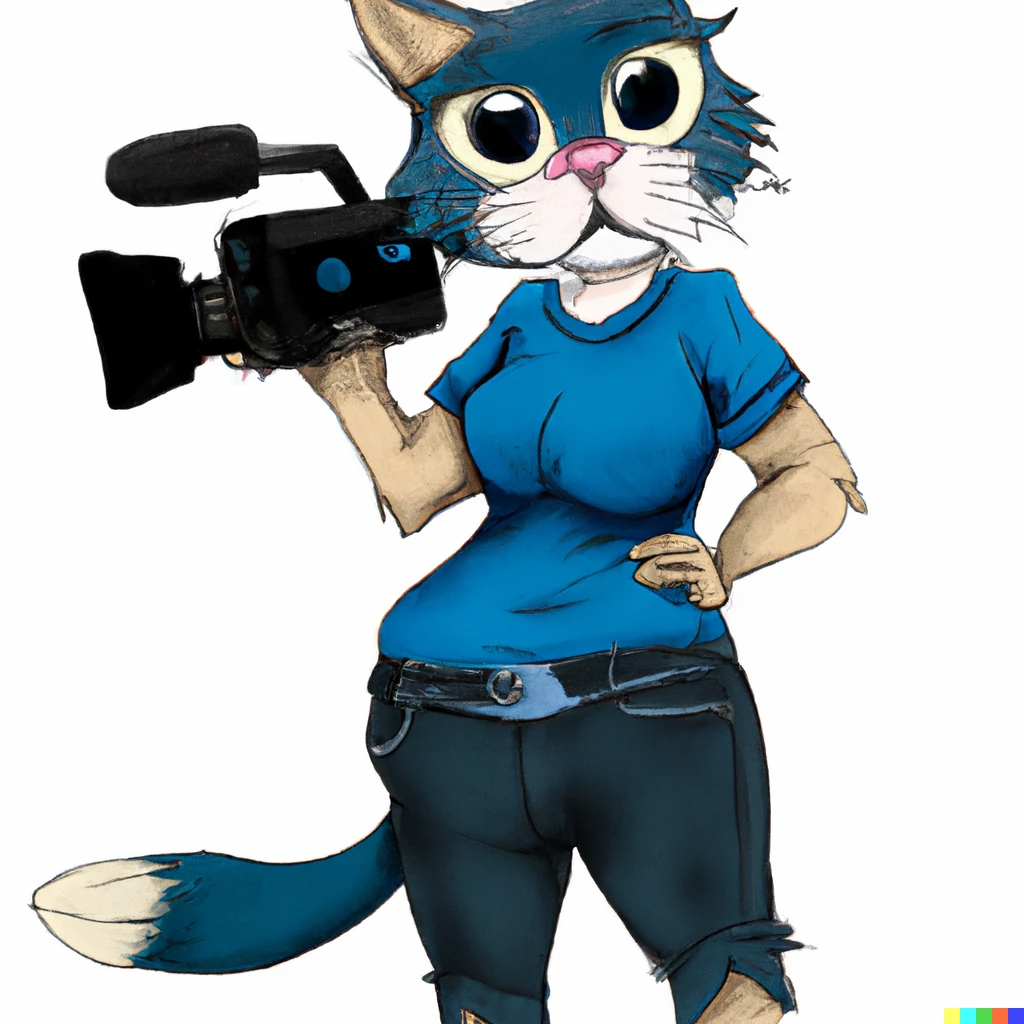 Prompt: A female anthropomorphic cat wearing a blue t-shirt, black cargo pants, and is holding a camcorder in it’s right hand. Digital art