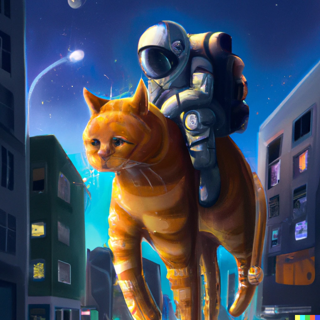 Prompt: an astronaut riding a massive ginger cat through the city in a photorealistic style