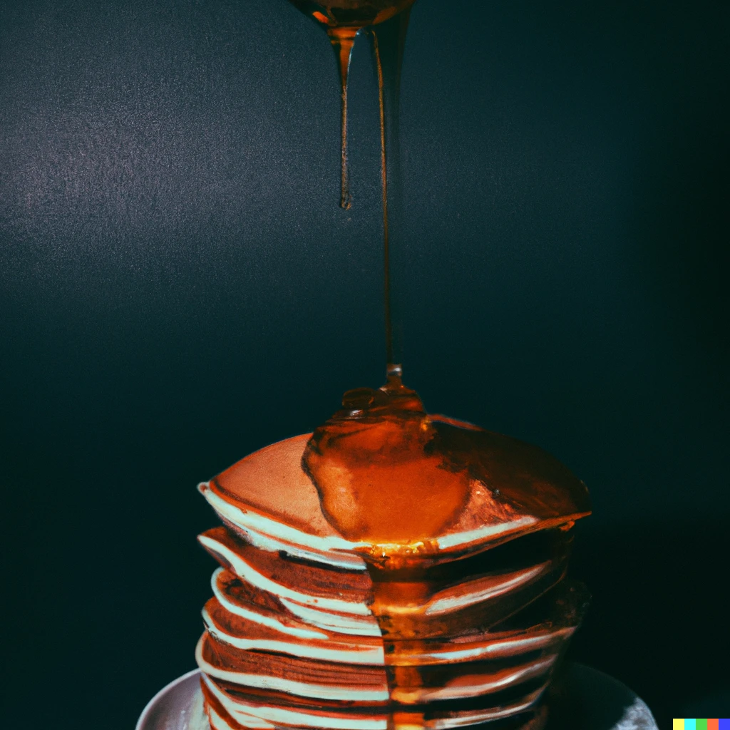 Prompt: A stack of pancakes with syrup on top in space