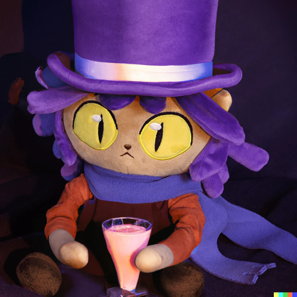 Prompt: cat plush with a tophat holding glass of water