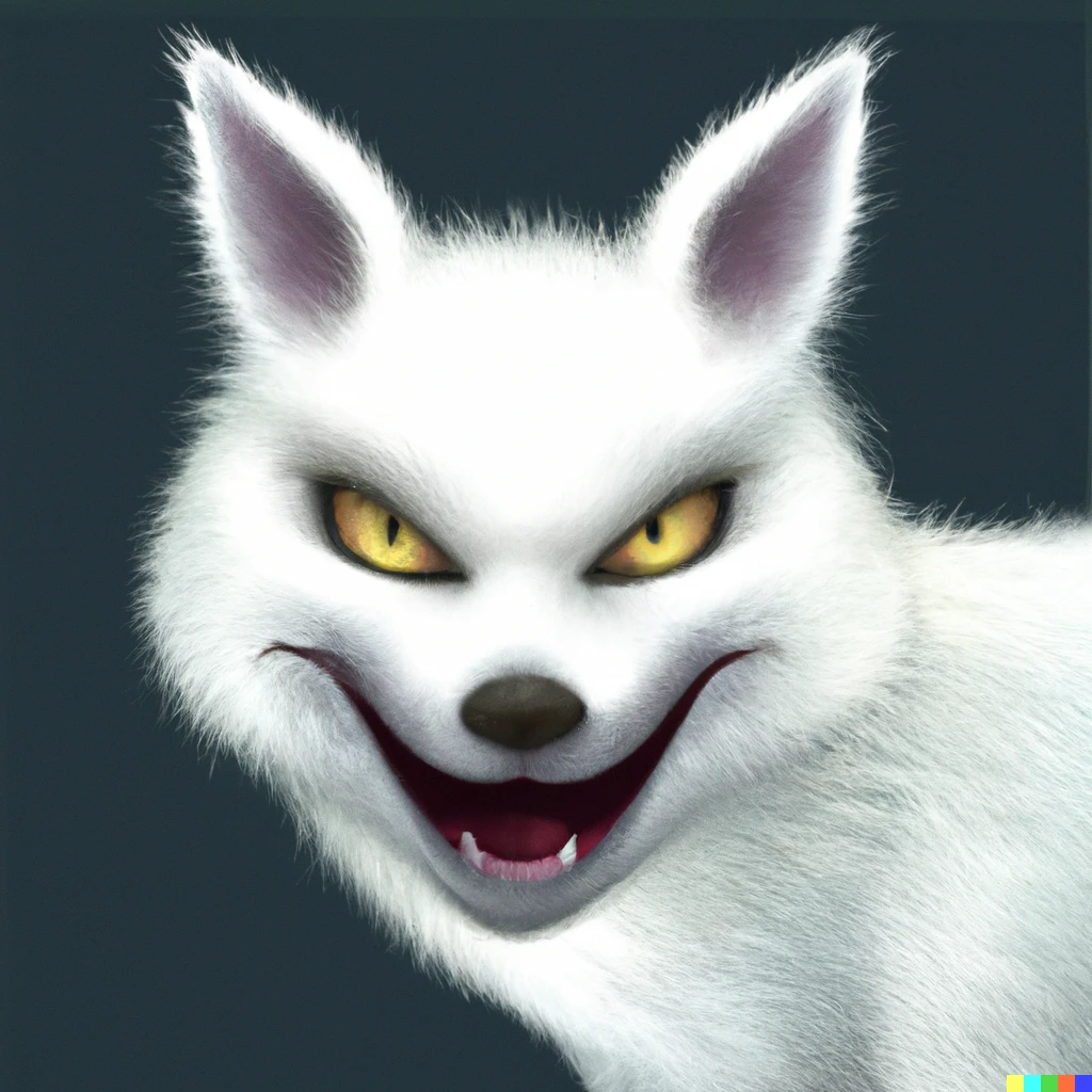 Prompt: Highly detailed Cartoony anthropomorphic white fox, digital art, yellow eyes, look at viewers, smilling