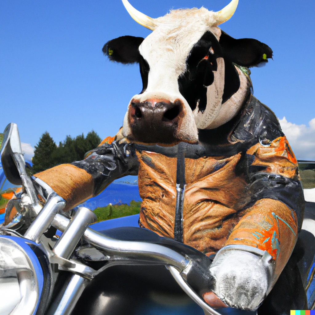 Prompt: cow wearing a jacket riding motorcycle, hd photo