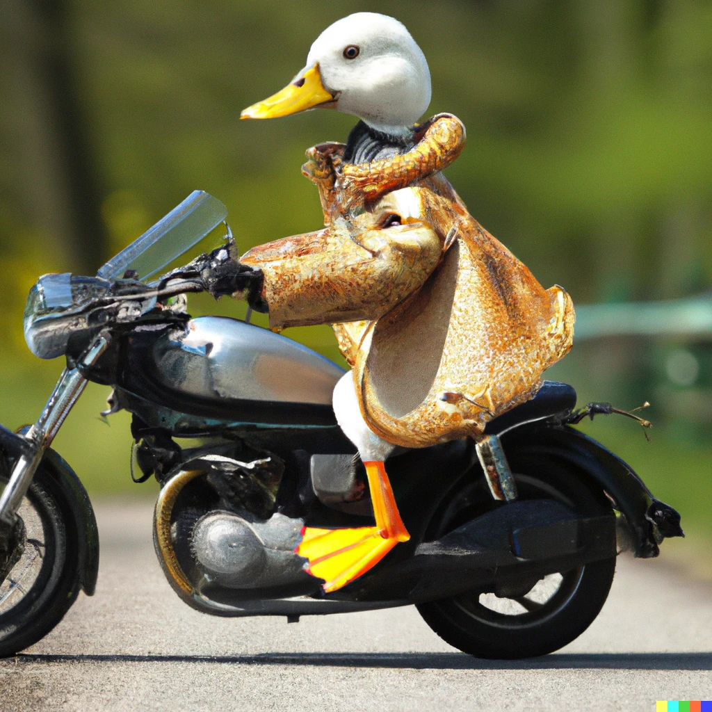 Prompt: duck wearing a jacket riding motorcycle, hd photo