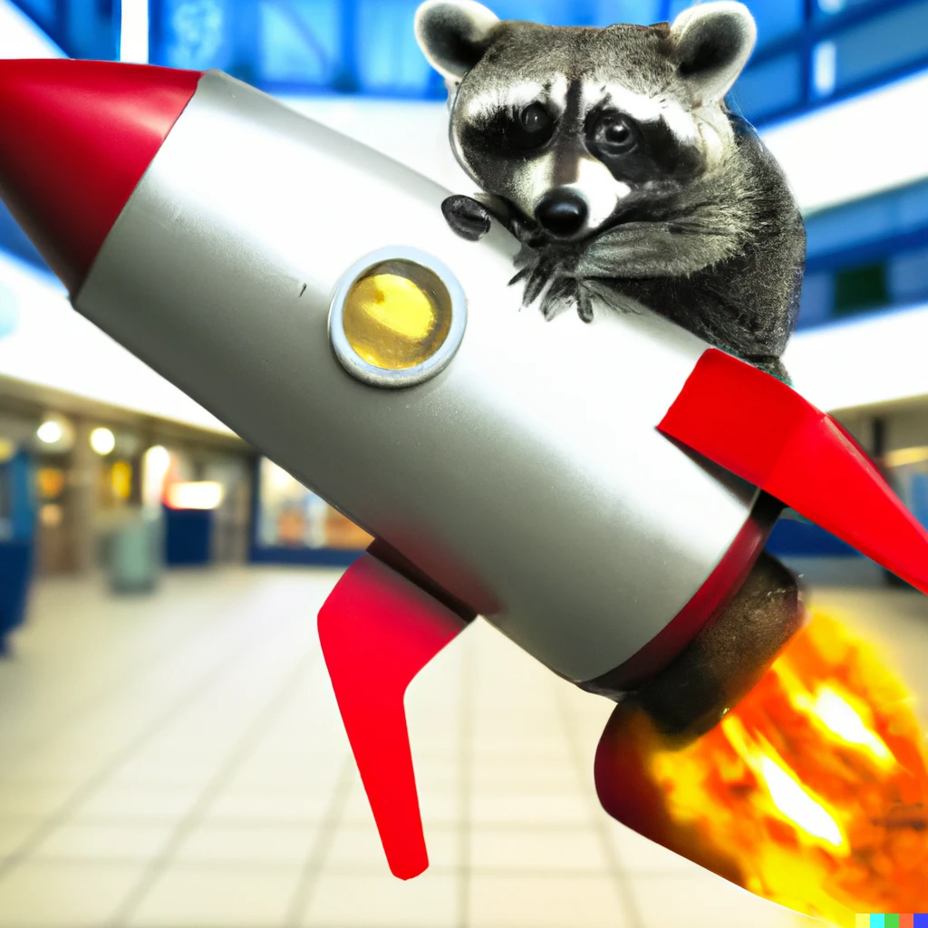 Prompt: a photo of racoon driving a rocket into a mall