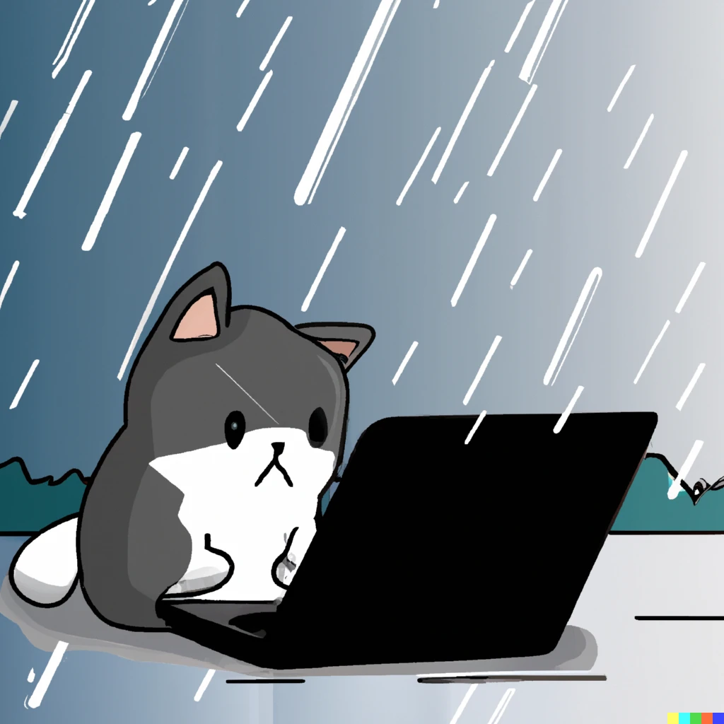 Prompt: a cat using a laptop in the rain