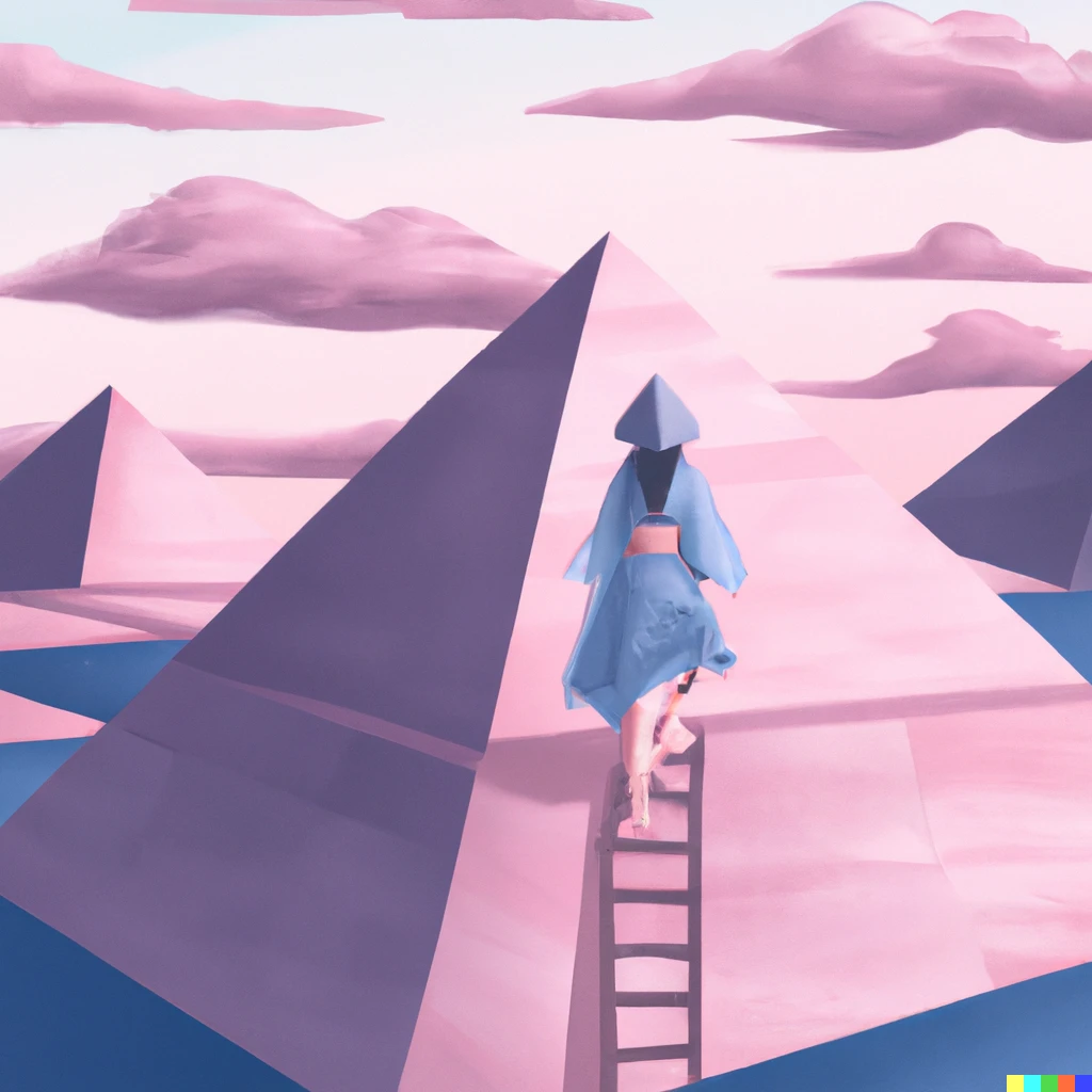 Prompt: a woman dressed in blue, walking on a pyramid, with a pink sky, digital art